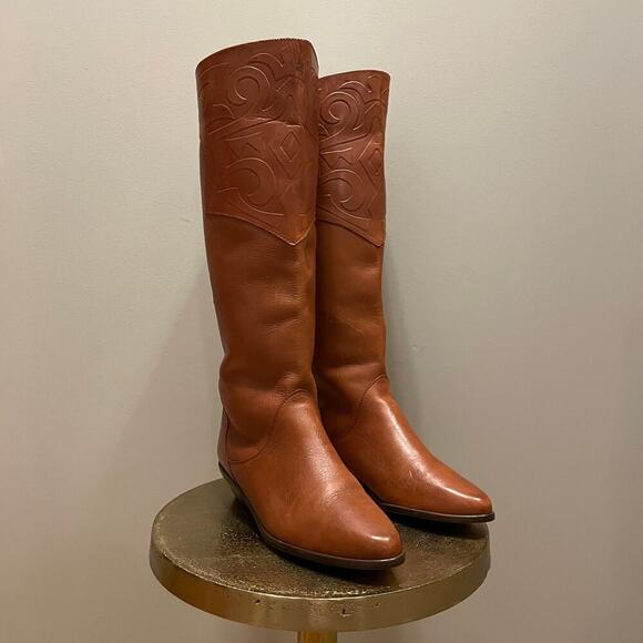Vintage 80s Leather Boots 7 | Made in Brazil, Embossed Western Riding Boots, NEW - Picture 1 of 9